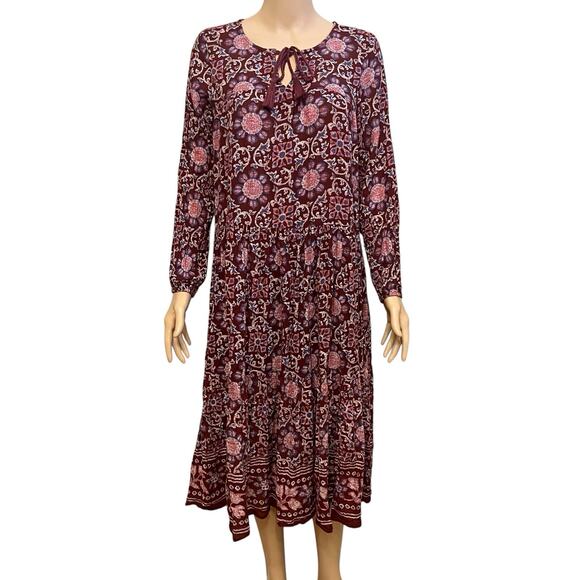 Aerie Peasant Midi Dress XS Floral Oversized Boho Long Sleeve Flowy Casual Red - Picture 1 of 9